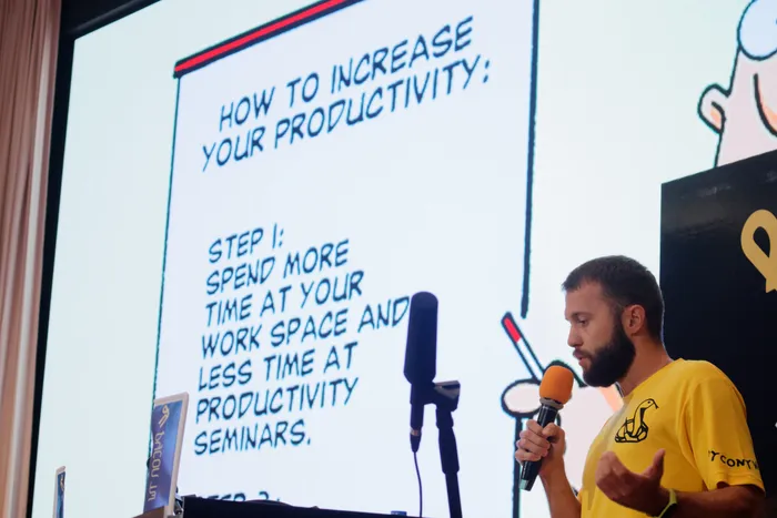 Sebastian giving a lightning talk about developer productivity at PyCon Taiwan