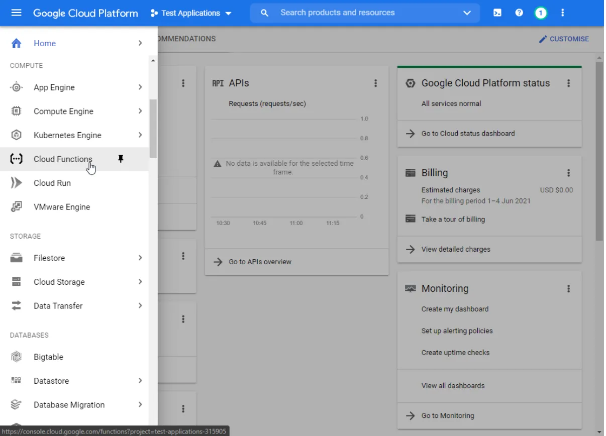 Google Cloud Function Menu