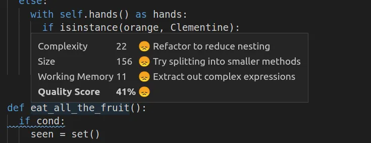 In-line metrics for a function using Sourcery VS Code extension In-line metrics