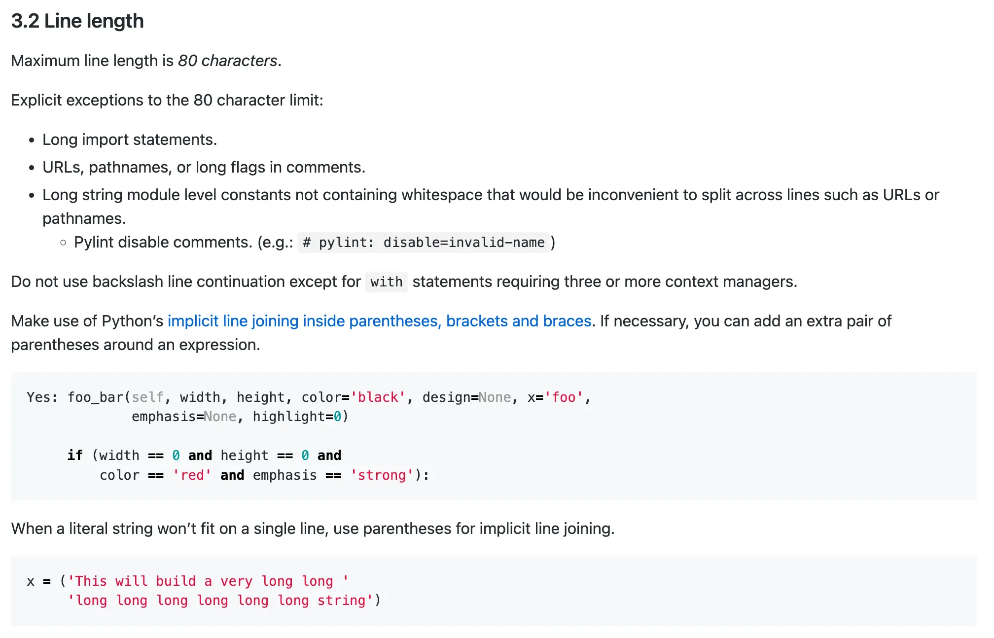 Section 3.2 - Google’s Python Style Rules setting guidance on Line length