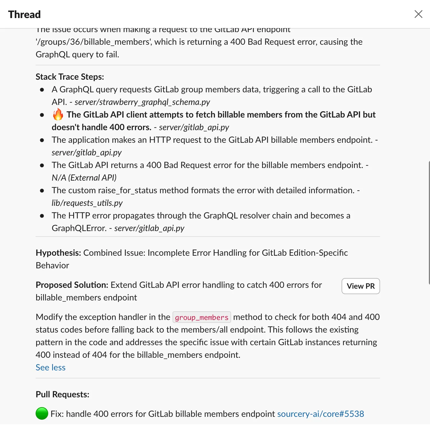 Sourcery proposing a hypothesis in Slack