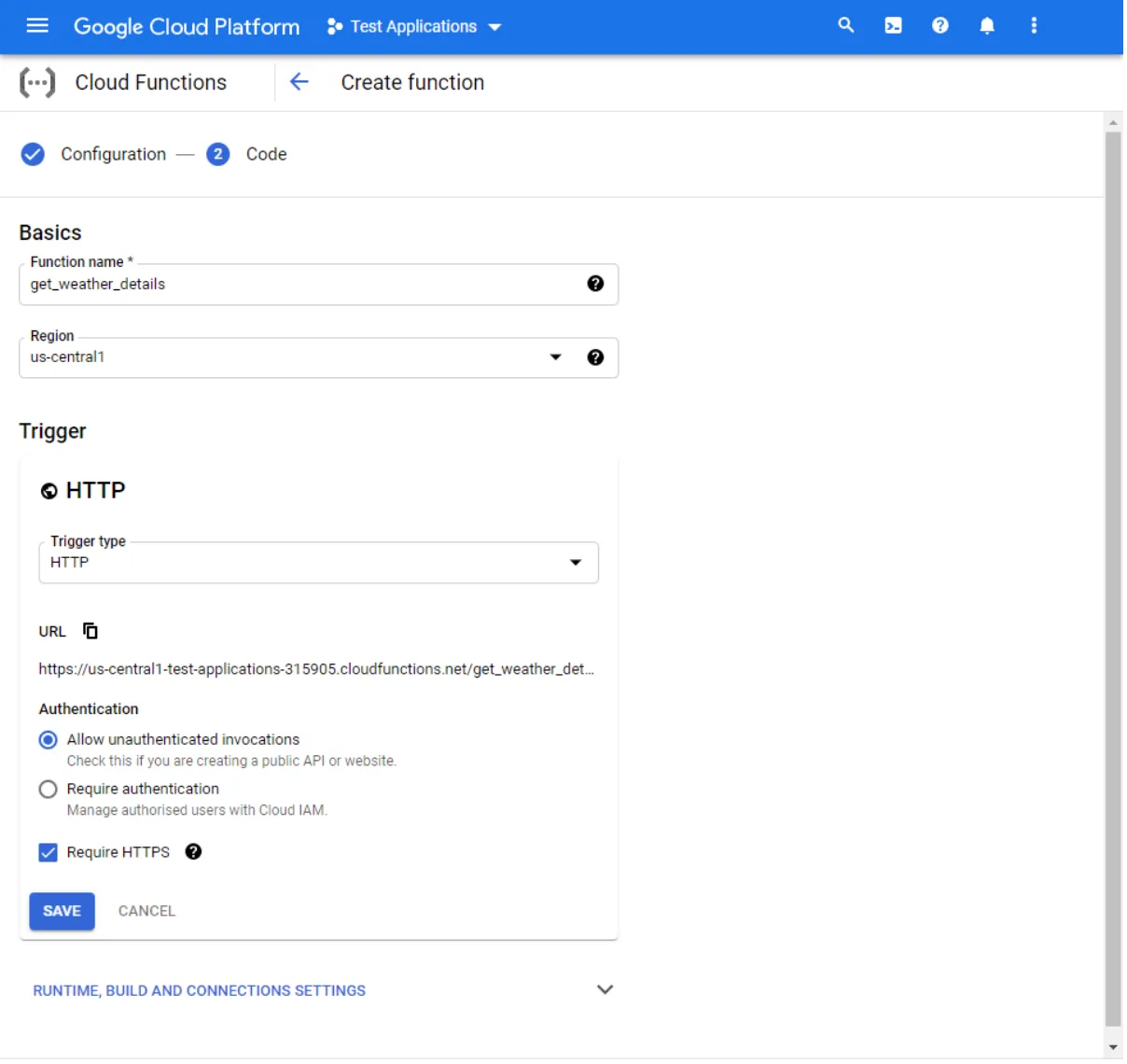 Primary Cloud Function Settings