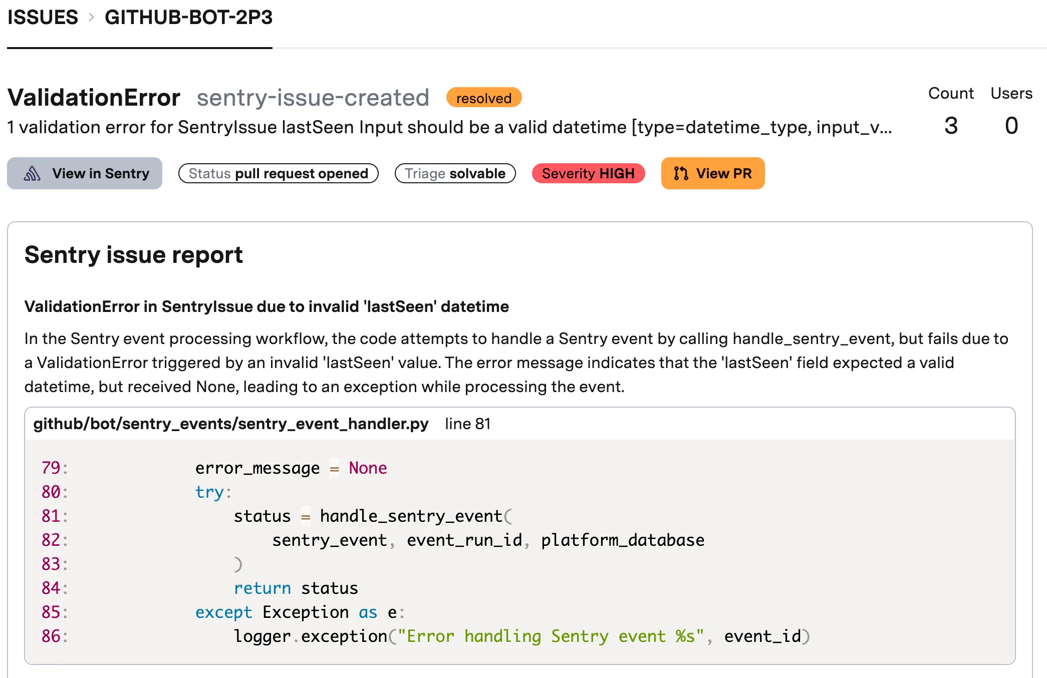 Sentinel summarizing an issue
