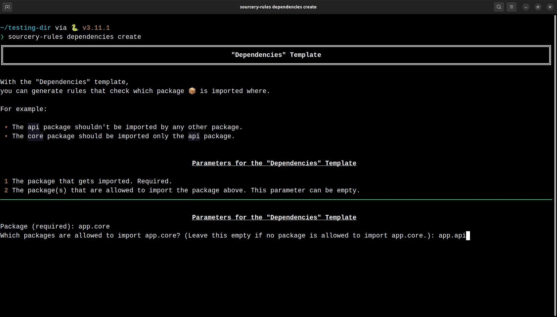 screenshot: sourcery-rules dependencies create for core <- api