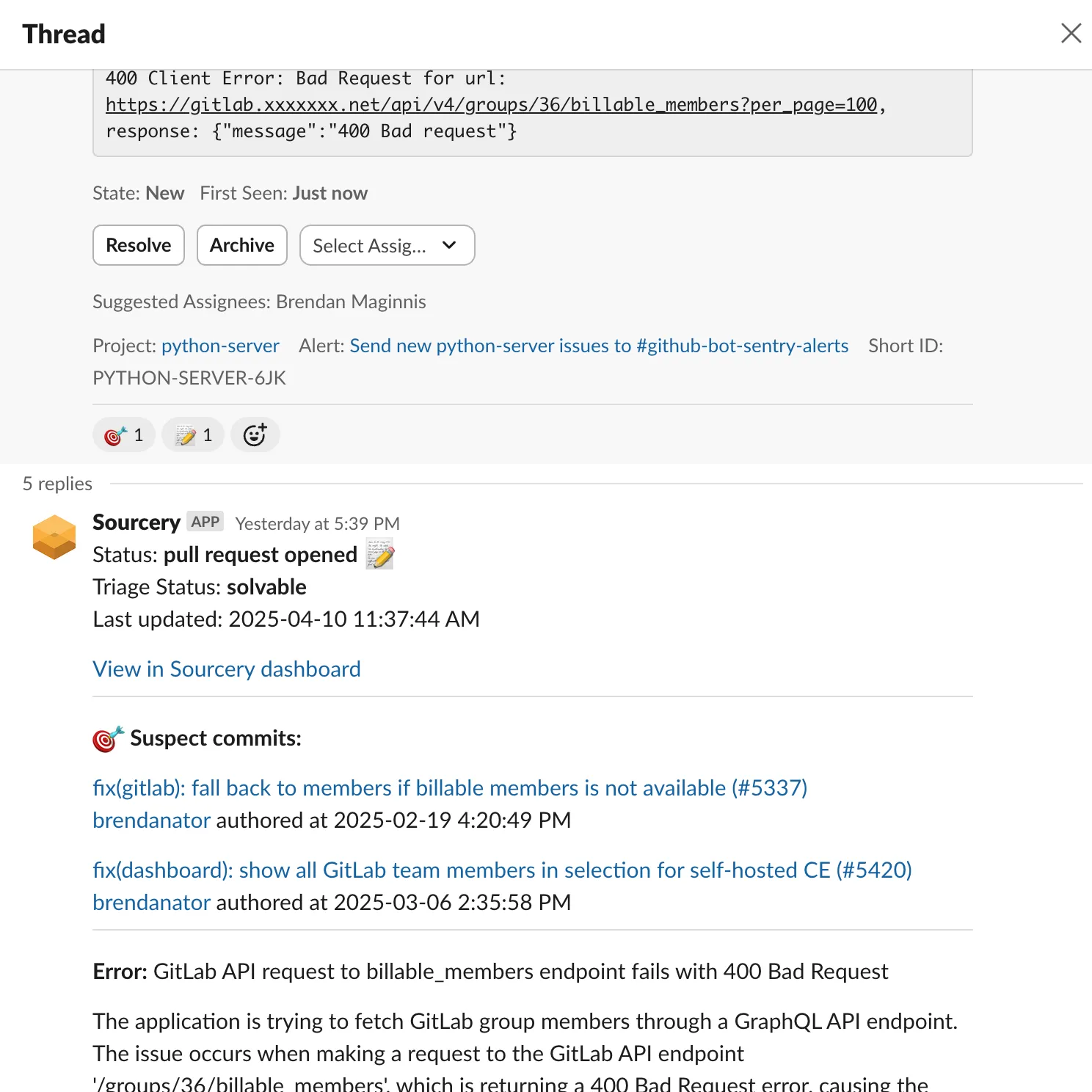 Sourcery responding to a Sentry alert in Slack